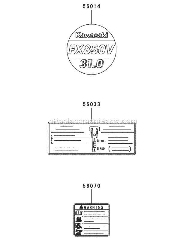 Kawasaki Fx850v-As00 Label Diagram and Parts List for S6031-KW 53AI8DU6050 Cub Cadet Sprayer